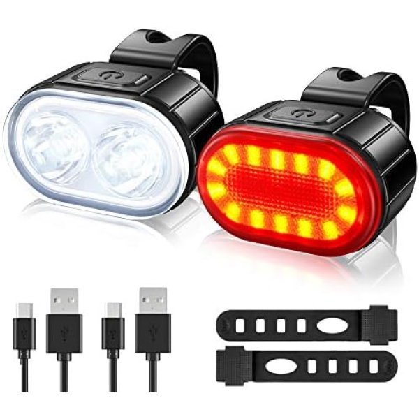 USB Rechargeable Bike Lights Set, Super Bright 2 LED Front and Back Rear Bicycle Light