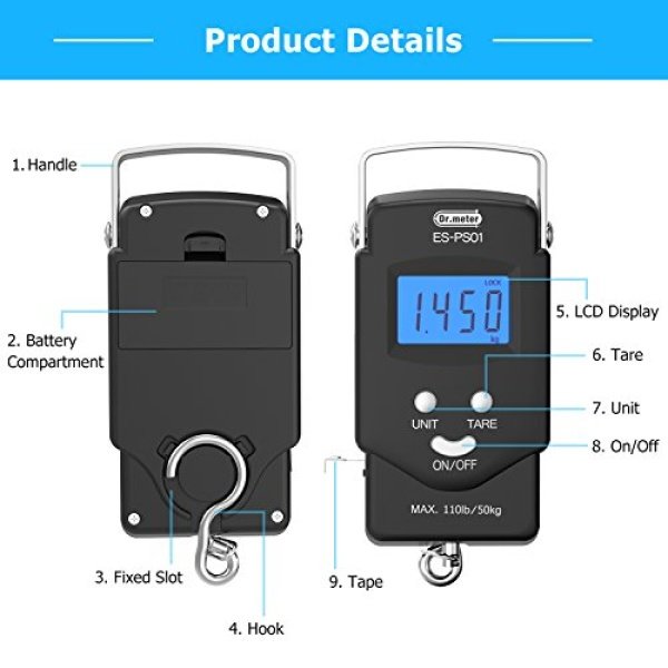 Fish Scale, Dr.meter Backlit LCD Display 110lb/50kg Portable Electronic Balance Digital - Image 4