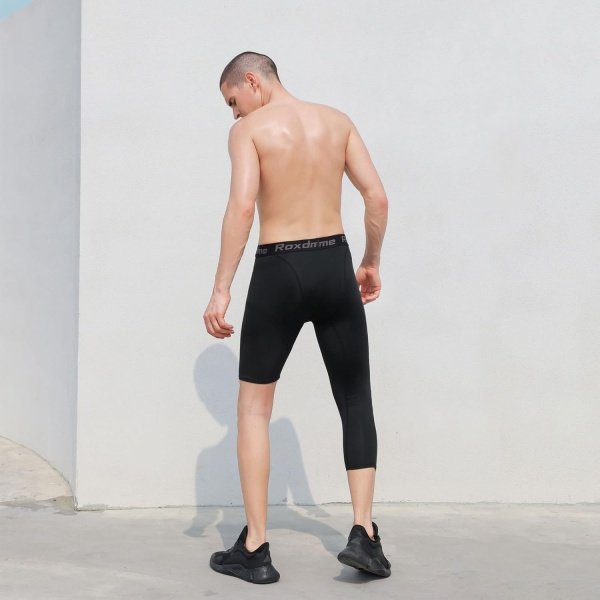 2 Pack Men's 3/4 One Leg Compression Capri Tights Pants Basketball Athletic - Image 3