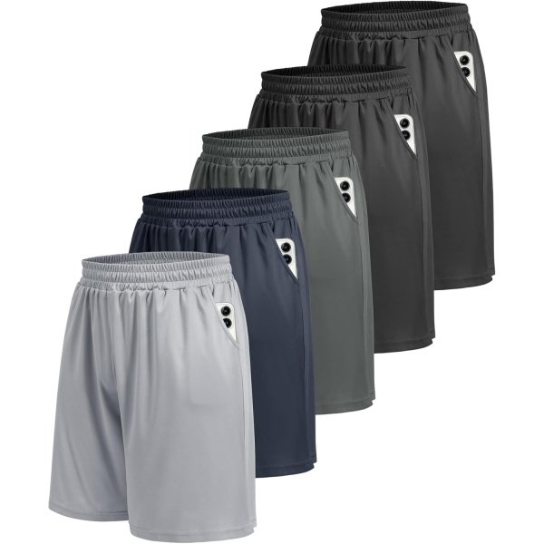 5 Pack Athletic Gym Mens Shorts - Workout Black Quick Dry Basketball Shorts