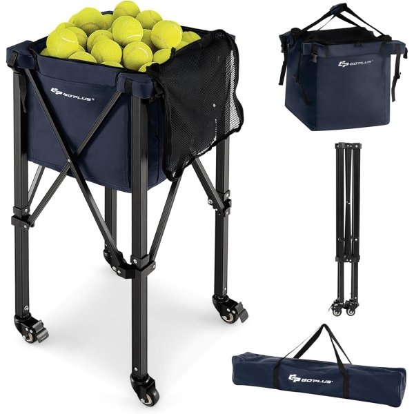 Goplus Foldable Tennis Ball Hopper, Lightweight Aluminum Tennis Ball Basket
