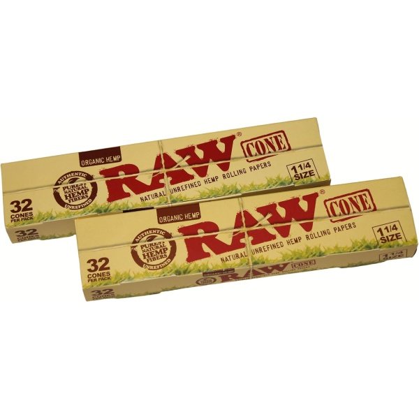 RAW Organic Unrefined Pre-Rolled Cones 32 Cones 1 1/4 Size (2 Pack-Bundle)