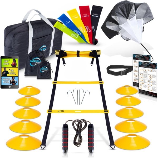 Invincible Fitness 20ft. Agility Ladder Set - Includes 10 Cones, 5 Loop Bands