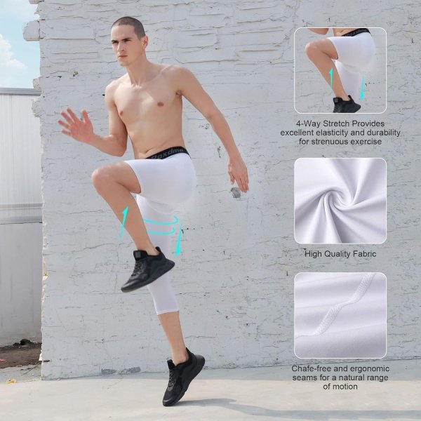 2 Pack Men's 3/4 One Leg Compression Capri Tights Pants Basketball Athletic - Image 5