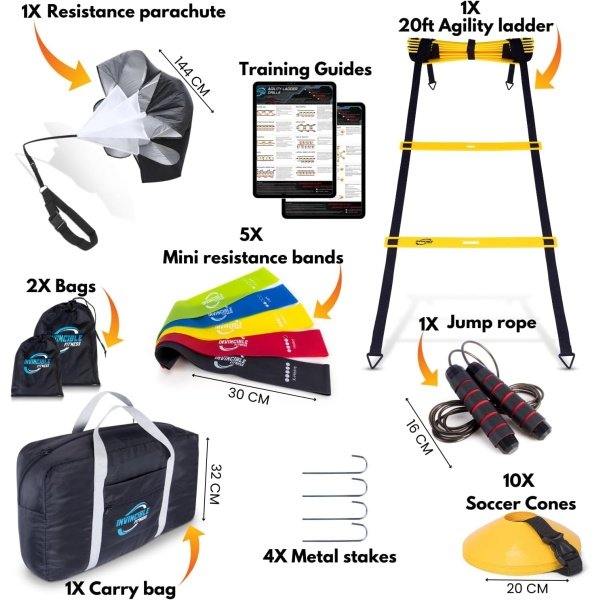 Invincible Fitness 20ft. Agility Ladder Set - Includes 10 Cones, 5 Loop Bands - Image 2