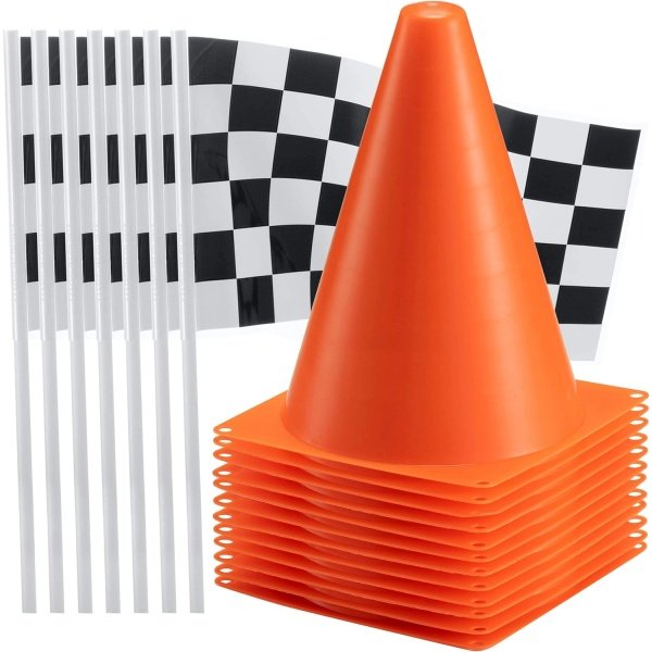 Traffic Cones and Racing Checkered Flags (24 Pcs) 12 Black and White Flags