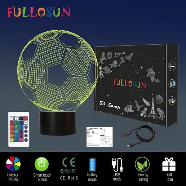 FULLOSUN Kids Night Light Soccer 3D Optical Illusion Lamp with Remote Control - Image 7