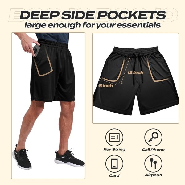 5 Pack Athletic Gym Mens Shorts - Workout Black Quick Dry Basketball Shorts - Image 3