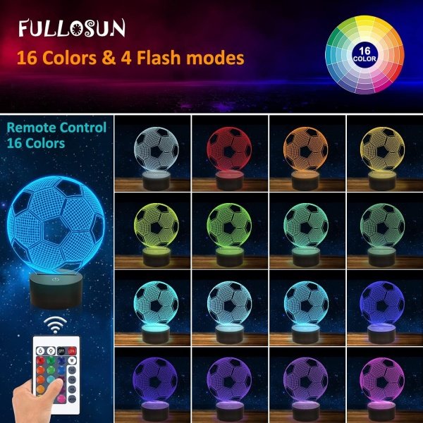 FULLOSUN Kids Night Light Soccer 3D Optical Illusion Lamp with Remote Control - Image 2