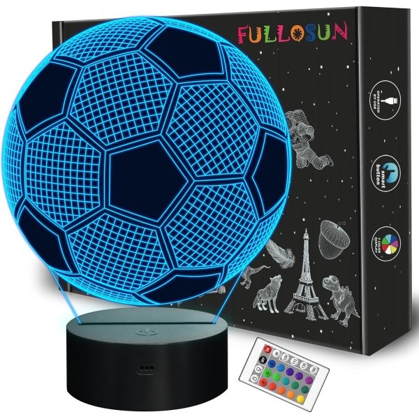 FULLOSUN Kids Night Light Soccer 3D Optical Illusion Lamp with Remote Control