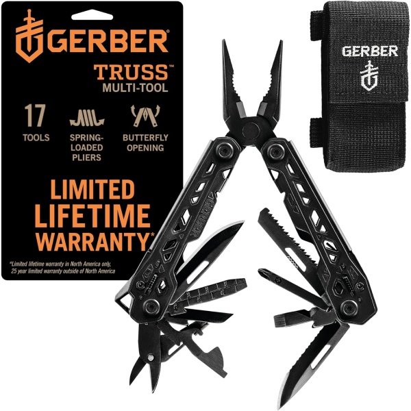 Gerber Gear Truss 17-in-1 EDC Needle Nose Pliers Multi tool - includes Pocket Knife, Screwdriver, and Bottle Opener Accessories - Gifts for Men, Fishing and Camping Gear - Black with Molle Sheath