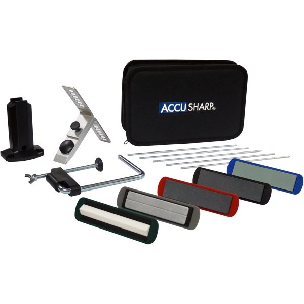 AccuSharp Precision Knife Sharpening Stone Kit, Set for Honing Straight Bladed Knives, Portable Stone Sharpener with Clamp, Pouch, and Guide for Various Angles, Set of 5 Stones with Varying Coarseness