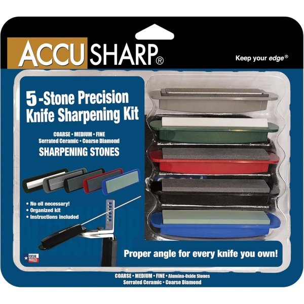 AccuSharp Precision Knife Sharpening Stone Kit, Set for Honing Straight Bladed Knives, Portable Stone Sharpener with Clamp, Pouch, and Guide for Various Angles, Set of 5 Stones with Varying Coarseness - Image 2